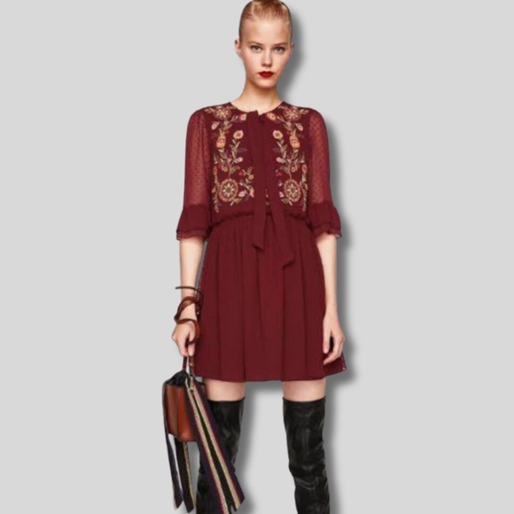 Zara Boho Floral Embroidery Chiffon Dress Sz. Medium - Picture 5 of 11